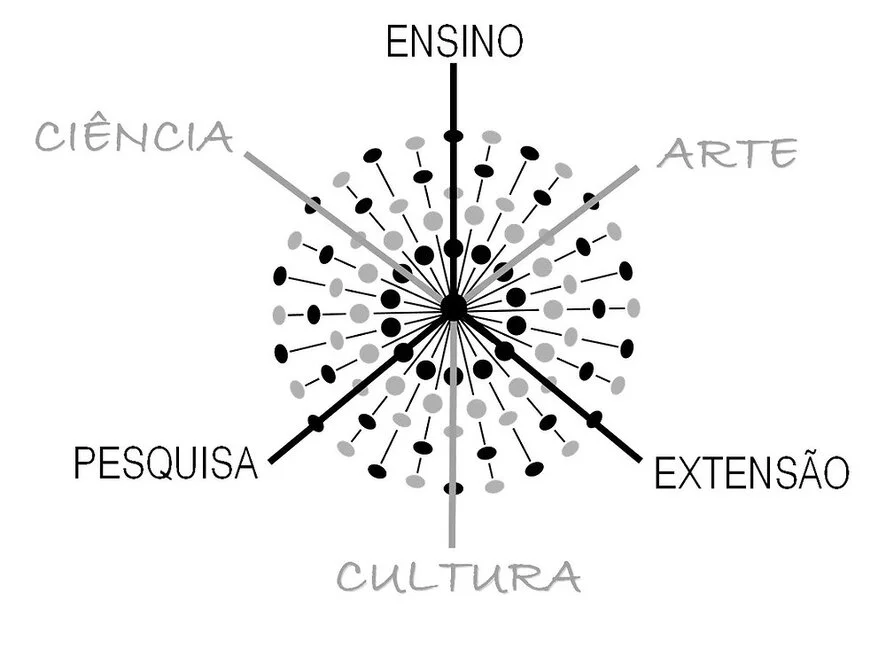 A imagem representa a indissociabilidade ensino, pesquisa e extensão, ampliando sua interface para ciência, arte e cultura