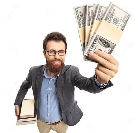 professor de barba ruiva, com óculos preto, camisa social azul e blazer cinza escuro, segurando livros em um mão e quatro maços de dólares, representando professores bem remunerados.