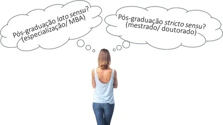 A imagem ilustra uma mulher de costas, refletindo sobre que caminho de pós-graduação escolher: lato (cursos de especialização e MBA) ou stricto sensu (mestrado e doutorado).