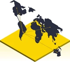 a imagem contem um mapa mundi, destacando em tracejado, os movimentos planetários de profissionais que perseguem a internacionalização na carreira