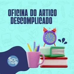 Logo do curso: oficina artigo descomplicado, representando um relógio sobre 2 livros, indicando a promessa de escrever um artigo científico em 30 dias.