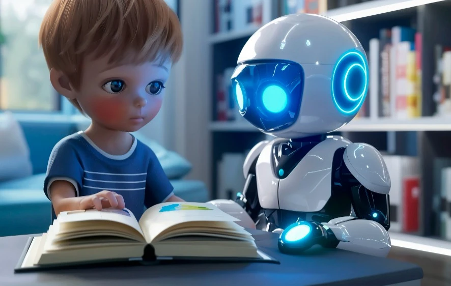 Criança lendo livro ao lado de robô com luzes azuis, simbolizando interação entre humanos e inteligência artificial generativa na educação.