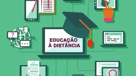 A imagem representa, ao centro, um laptop com uma capela (chapéu) de formatura sobre a tela, circundada por um conjunto de outras possibilidades, representando os inúmeros potenciais da educação à distância. Essa potência inclusiva e viabilizadora oferece um conjunto de transformações positivas aos sujeitos e à sociedade.