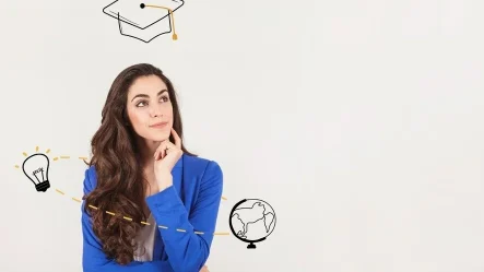 A imagem tem uma mulher de camisa azul, com cara de dúvida, sobre que curso de doutorado, mestrado ou MBA se inscrever e como fazê-lo