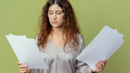 A imagem é de uma mulher fazendo uma triagem de um conjunto de papéis para a composição de seu portfólio acadêmico