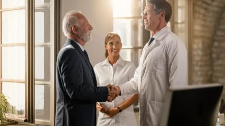 A figura representa a interação universidade-empresa, por meio de um senhor de terno (representando a universidade) e um profissional de jaleco (representando um médico ou diretor de hospital)